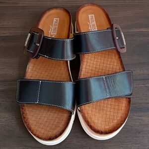 PIKOLINOS Menorca Women US 10.5/11 Black Wedge Leather Slip On Sandals Boho READ